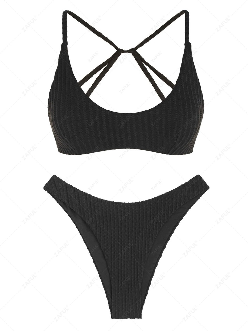 Zaful Black Textured Strappy High-Leg Bikini Set